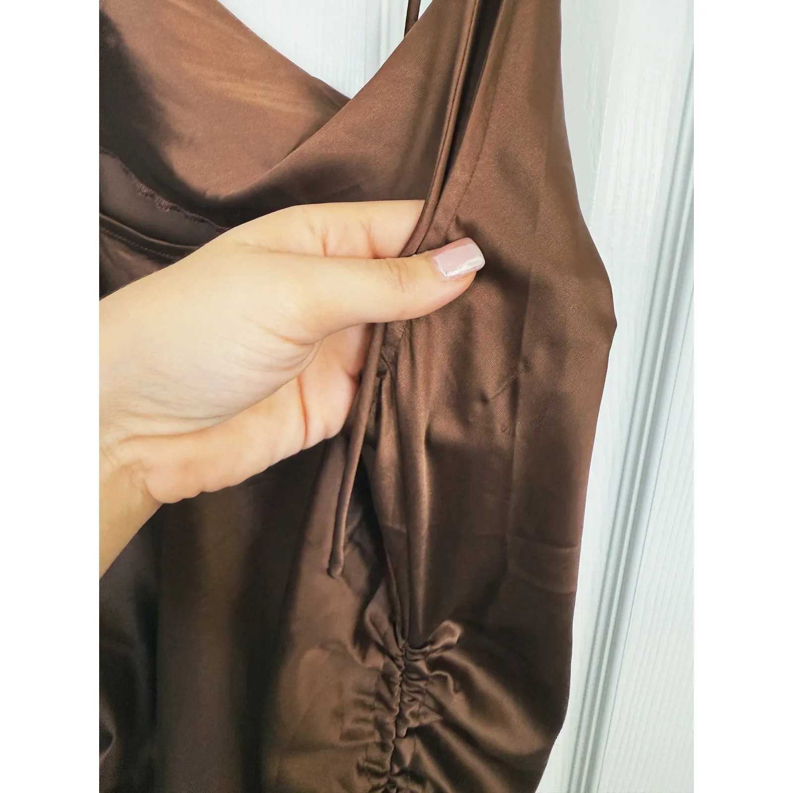 Y2K Miss Lola Cowl Neck Shoulder Tie Mini Dress XS Chocolate Brown Coquette Glam - Image 7