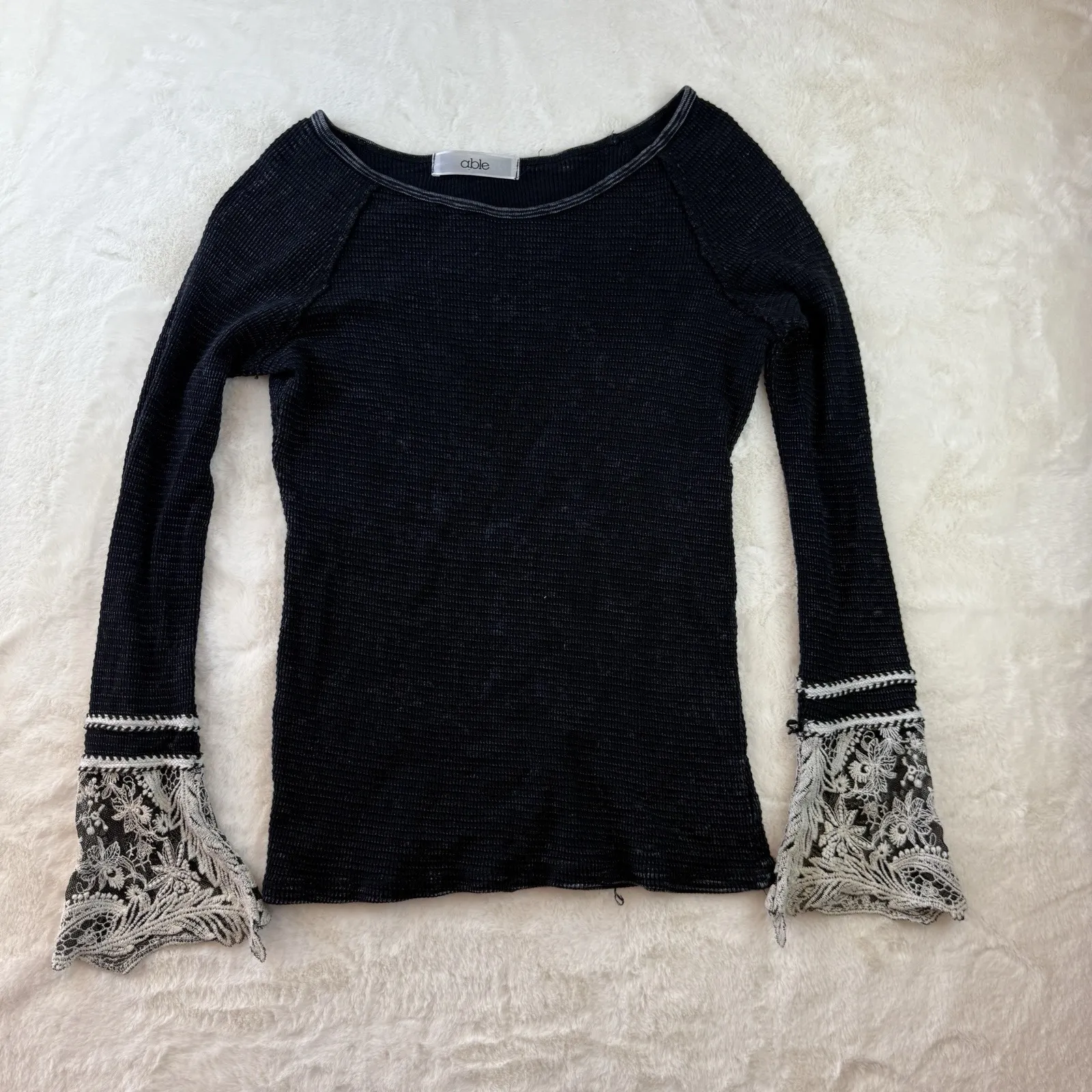 ABLE Gray Waffle Knit Off The Shoulder Top Lace Bell Sleeve Women Small Boho - Image 3