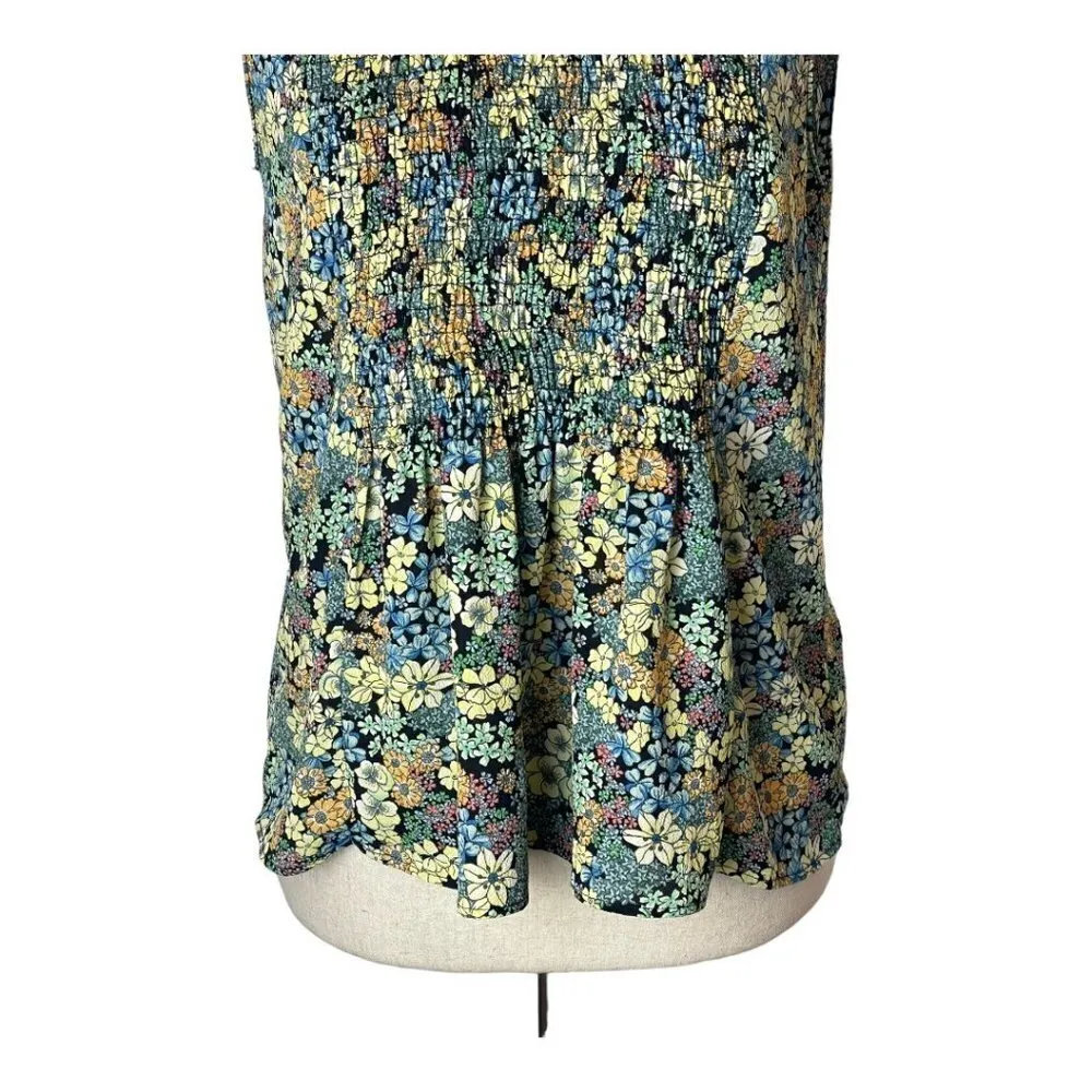 Zara Yellow And Green Floral Print Smocked‎ Bodice Keyhole Neck Blouse Size XS - Image 5