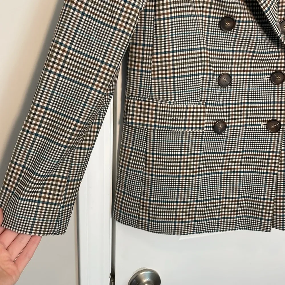 Mango MNG Double breasted check blazer brown blue  plaid size 2 Suit line - Image 2