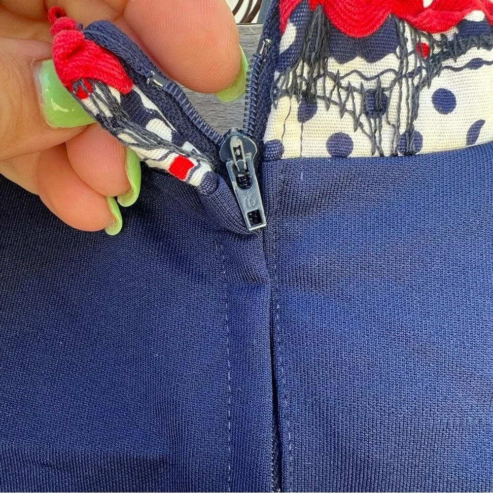 Vintage 60s Joseph Magnin red blue mod art deco quilted skirt fit flare dress - Image 4