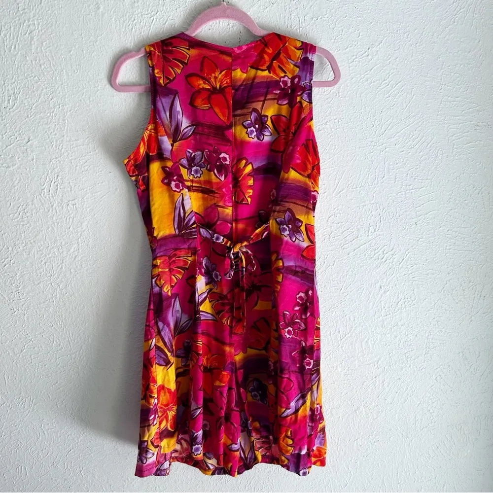 Vintage 90s tropical button down playsuit romper Sz Medium Red Purple - Image 2