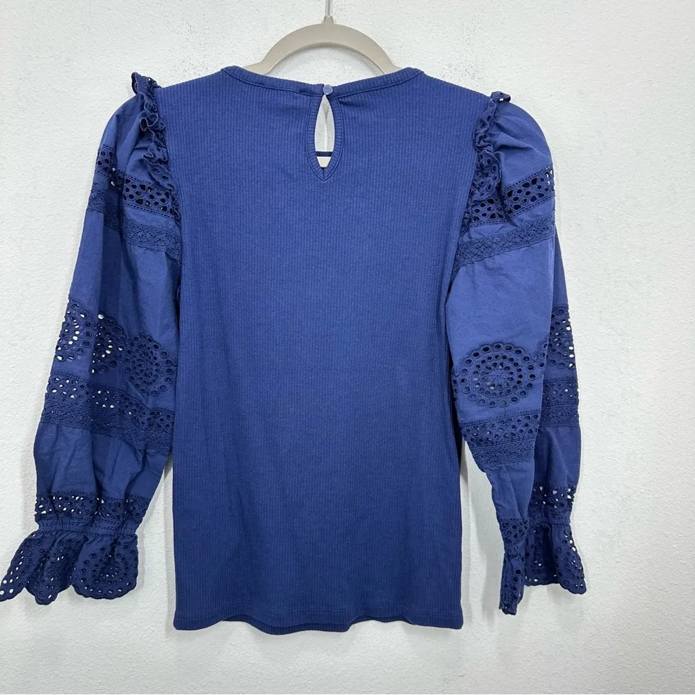 J.‎ Crew Women's Size Small Navy Ruffle-trim eyelet Top vintage rib Feminine - Image 6