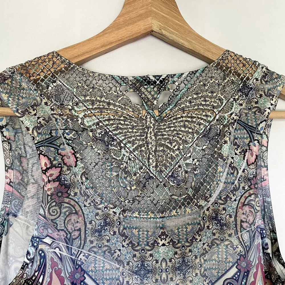 one world boho maxi colorful dress sleeveless butterfly crochet back petite S - Image 5