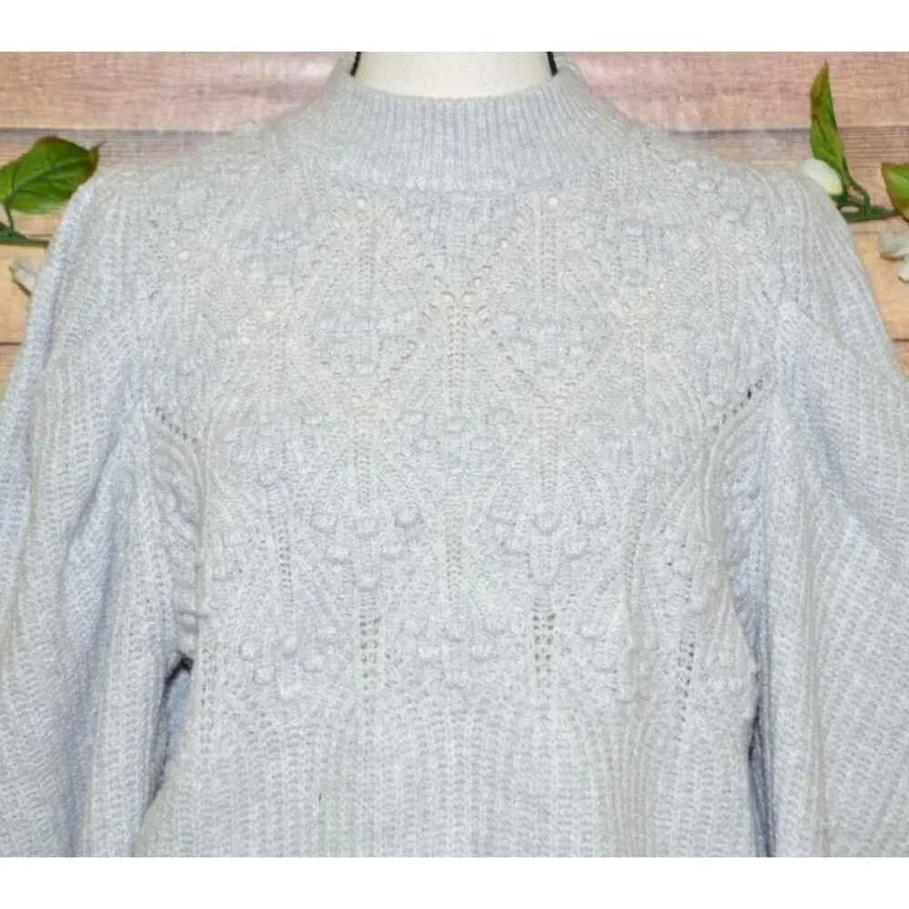 A New Day Ladies M Gray Puff Sleeves Crop Sweater Swiss Dot Pullover Crochet - Image 2
