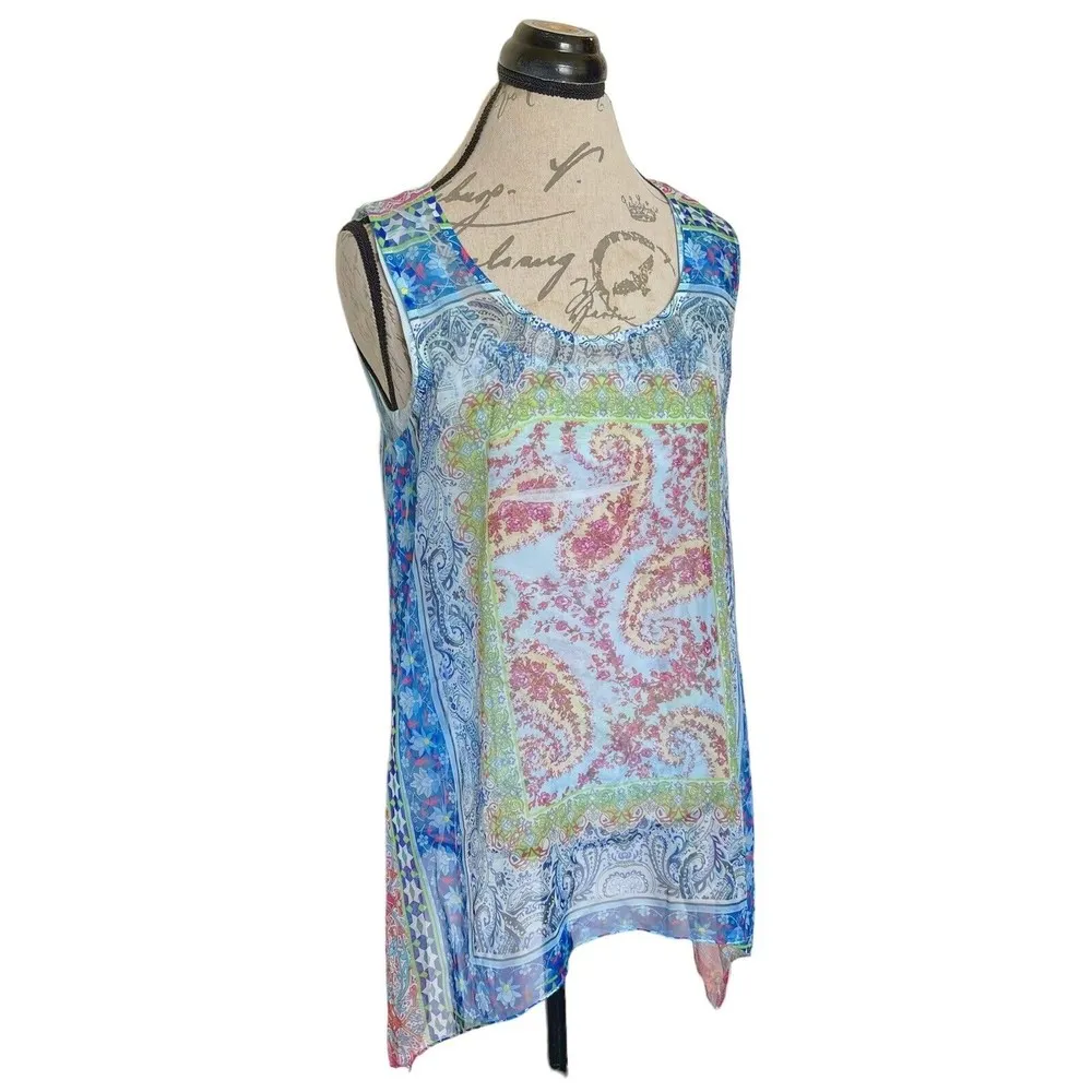 One world Blouse Top Sz Petite Large Lace Sleeveless Easter Crochet High Low - Image 3