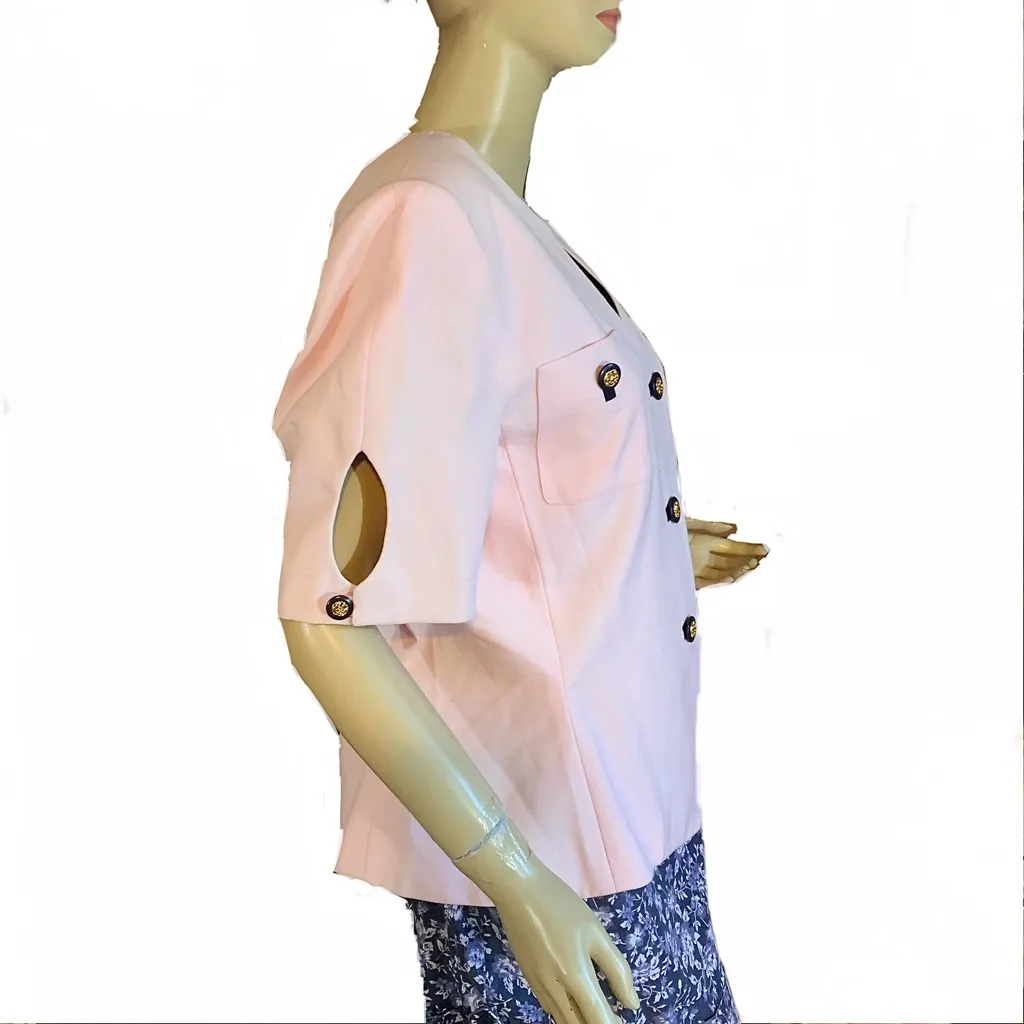 VINTAGE 1990'S KASPER A.S.L. LIGHT PINK & NAVY BLUE SHORT SLEEVE BLAZER (L) Size L - Image 3