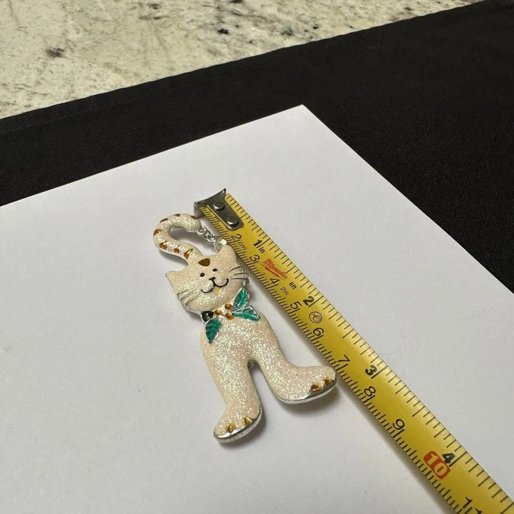 Silver Tone White Glitter Cat Bell Charm Christmas Holiday Brooch Pin - Image 3