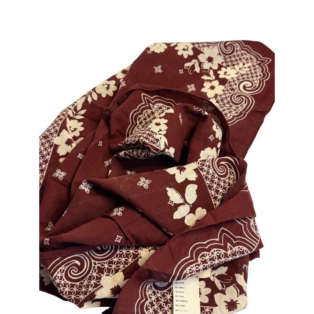 VTG Hollister Cali. Women's Burgundy Floral Tassel Cotton Scarf Western Ornate - Image 6