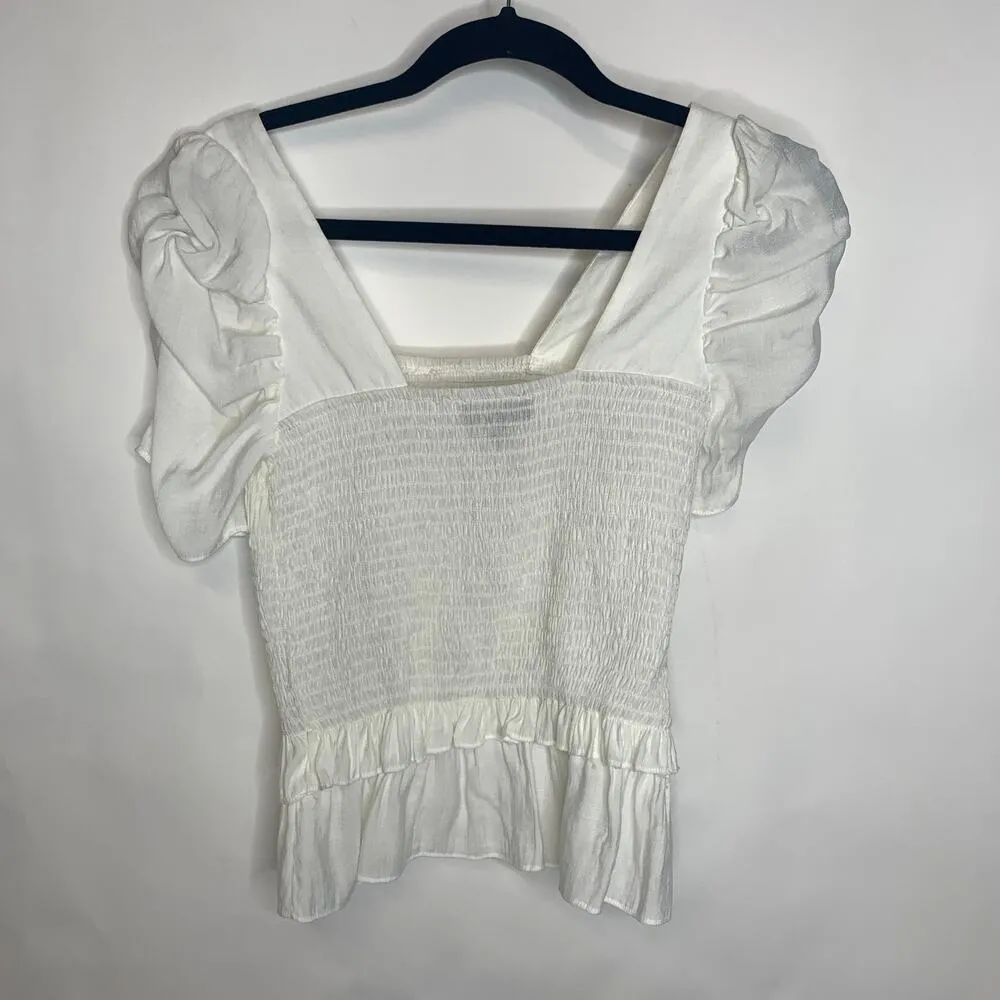 Lucy Paris Smocked Puff Sleeve White Top Sz XS - Image 2