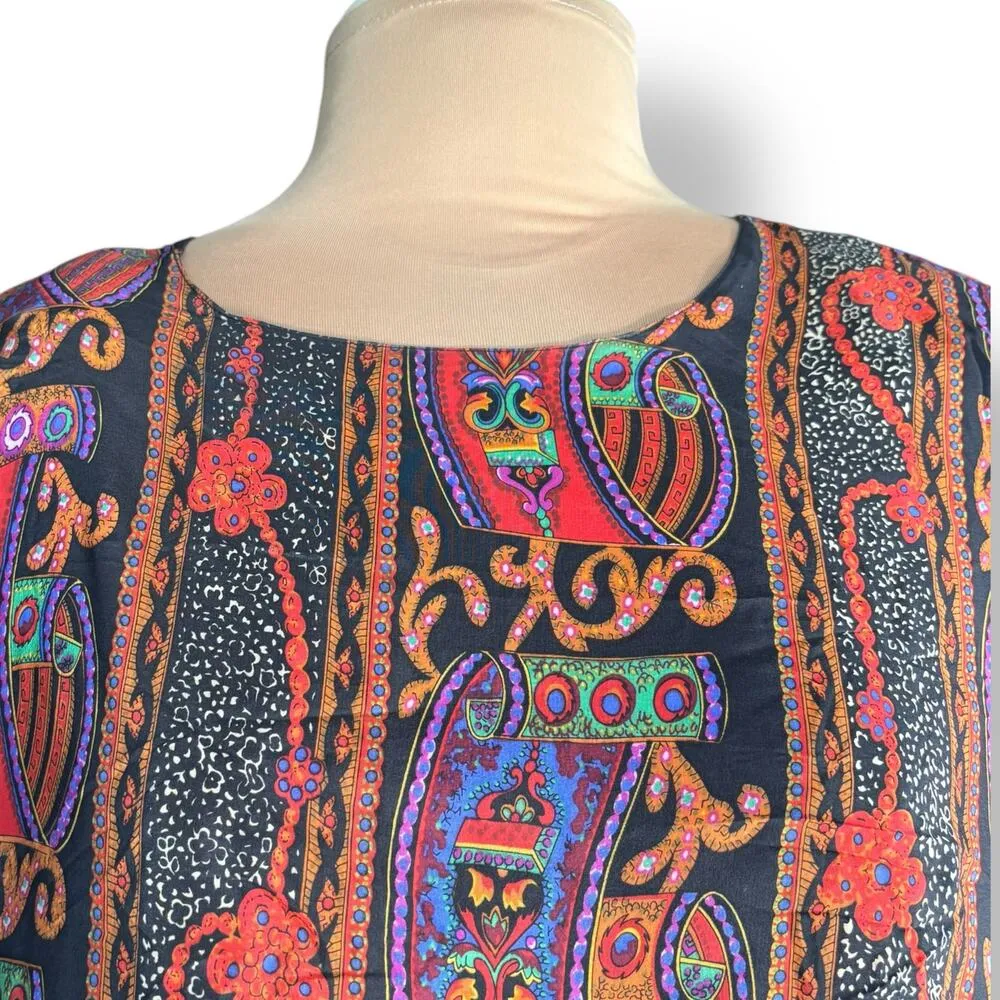 Vintage Silk Blouse 24W Bold Print Black Red Purple Scroll Pattern Top Crewneck - Image 8