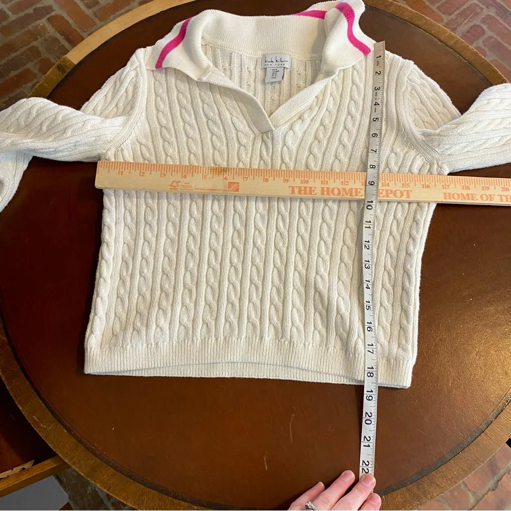 Nicole Miller Cable Knit Collared Pullover Sweater White‎ with Pink Size medium - Image 5