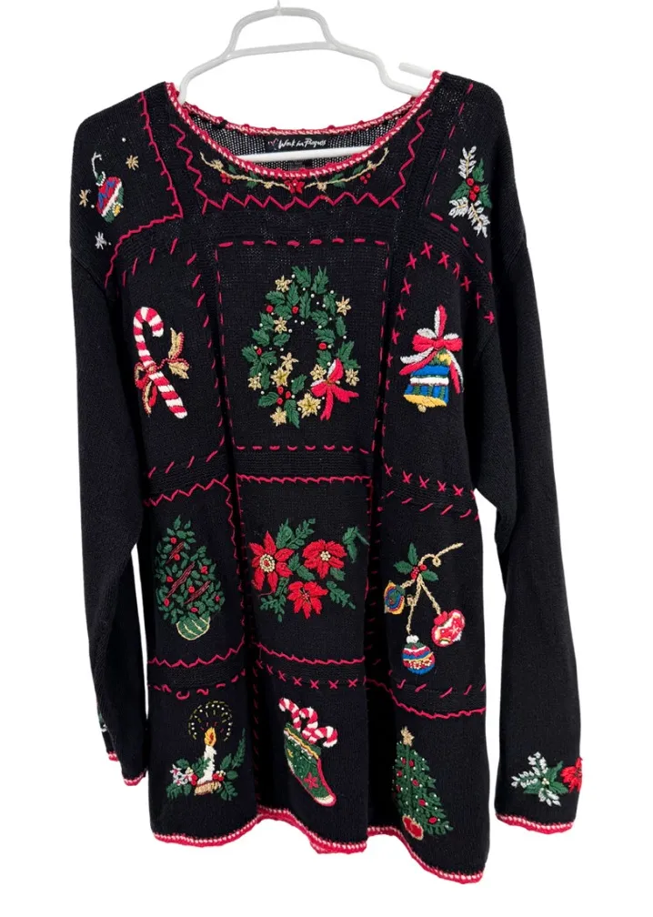 Work in Progress Women's Christmas embroidered XL Crew Neck tunic Sweater beaded Black - Image 1
