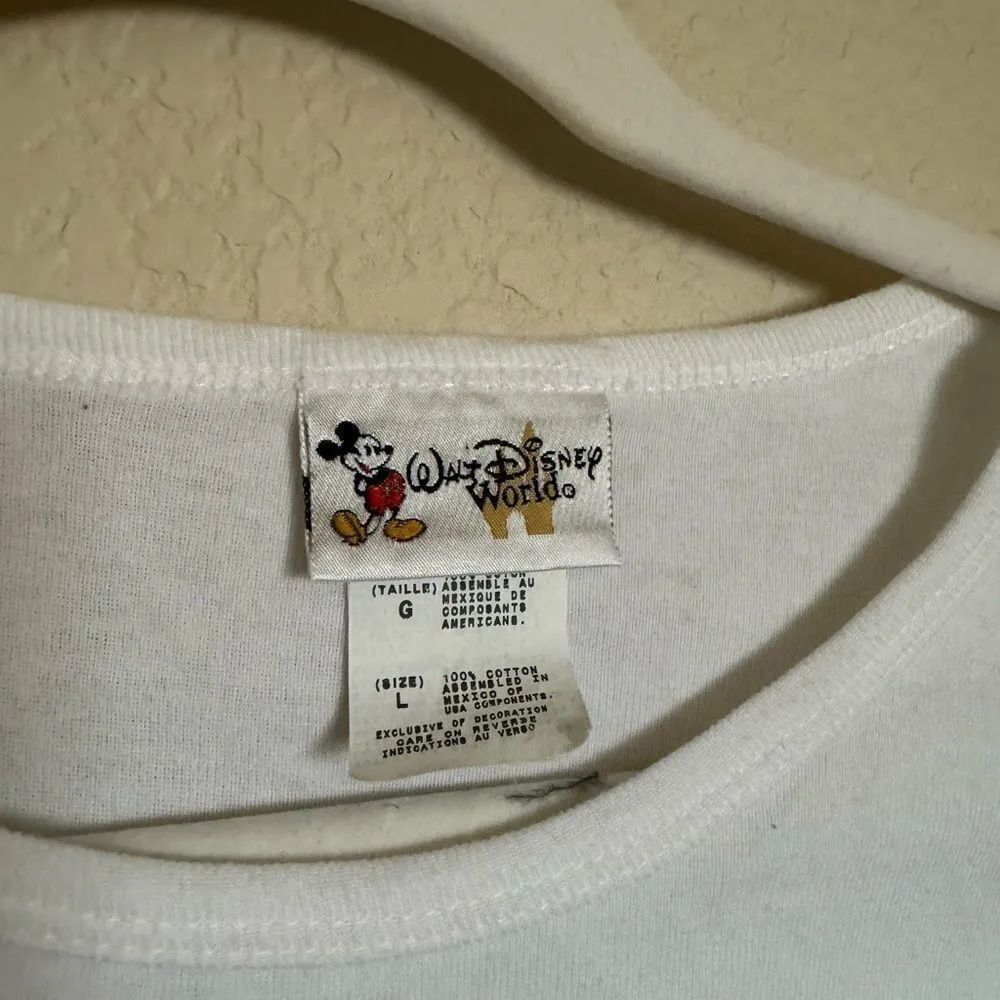 Vintage 90s Disneyworld Tinkerbell Glitter Graphic Baby Tee Sz Large White Green - Image 3