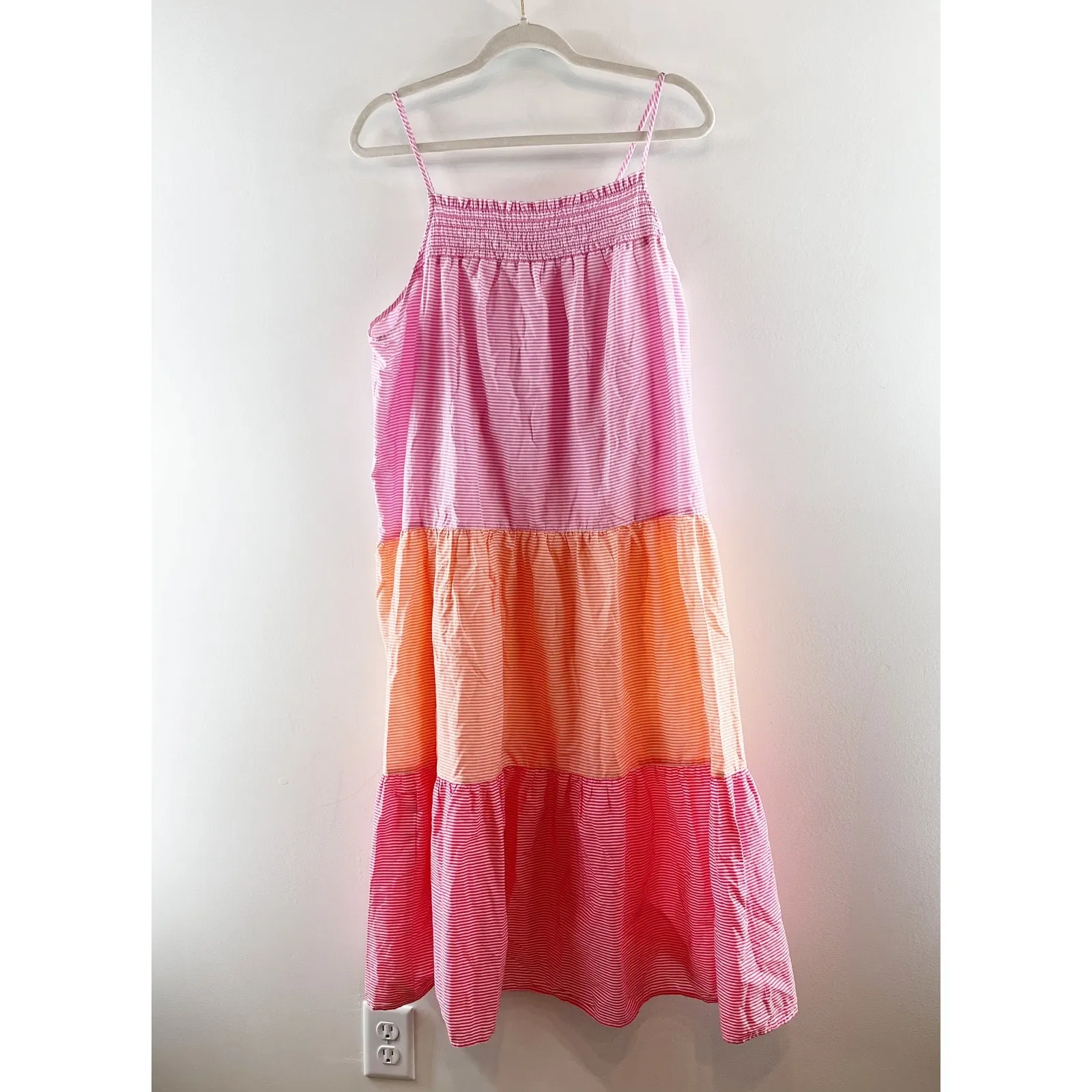 J. Crew Smocked Striped Colorblock Tiered Midi Sundress Dress Pink Orange XXL - Image 3