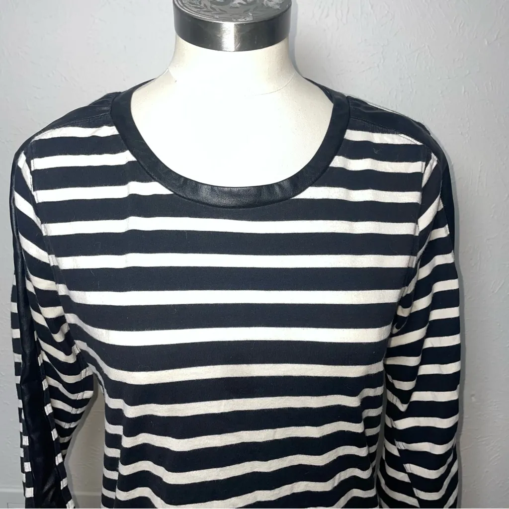 J.Crew  Striped Faux Leather Trim‎ Top Medium - Image 5