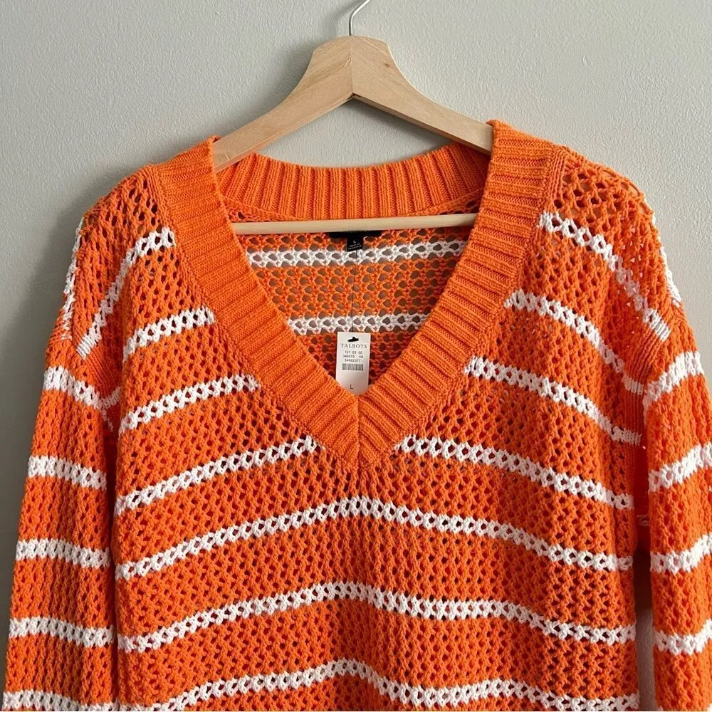 Talbots Open Weave Long Sleeve Sweater Cotton NEW Size Large Striped Resortwear - Image 4