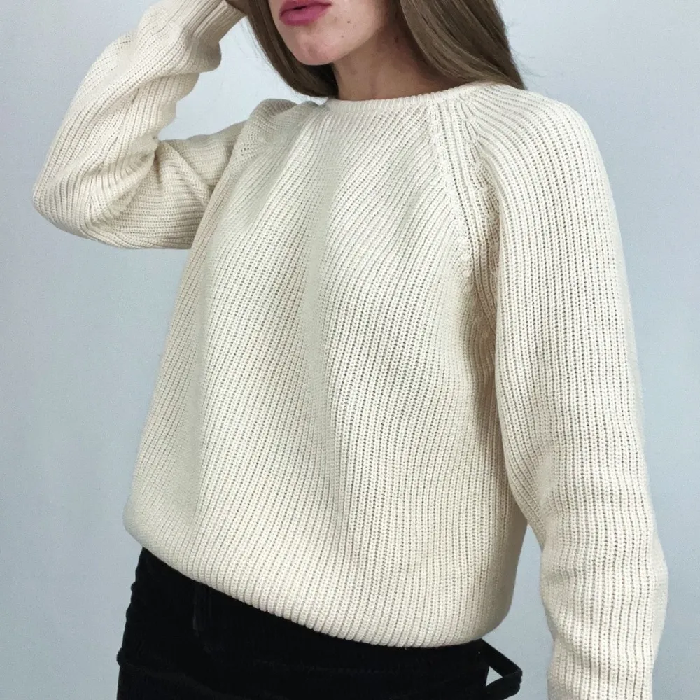 Vintage Raglan Crewneck Pullover Knit Sweater in Cream | Size M White Size M - Image 3