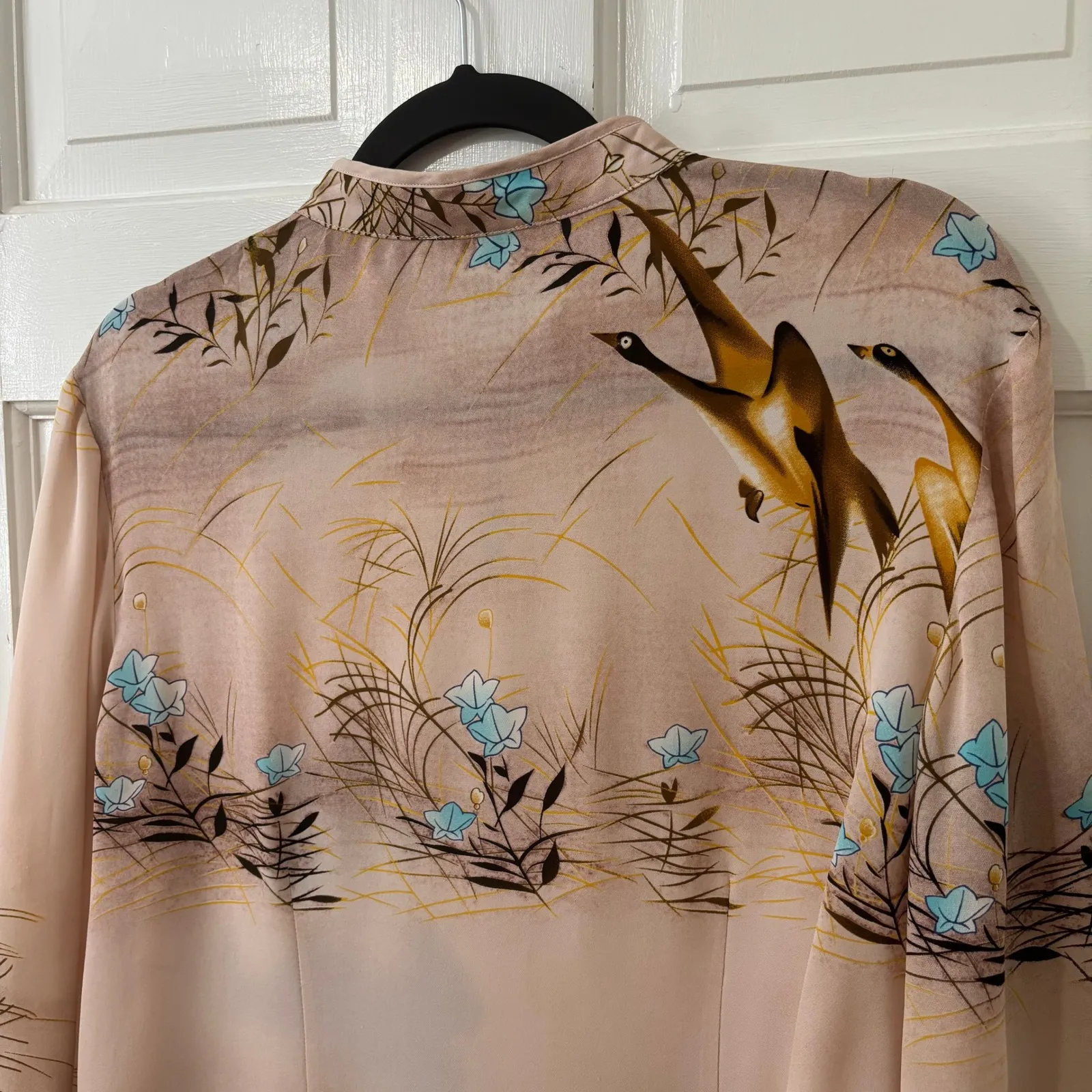 CITRON Santa Monica Silk Artsy Asian Geisha Crane Mandarin Collar Blouse Top L Blue Size L - Image 5