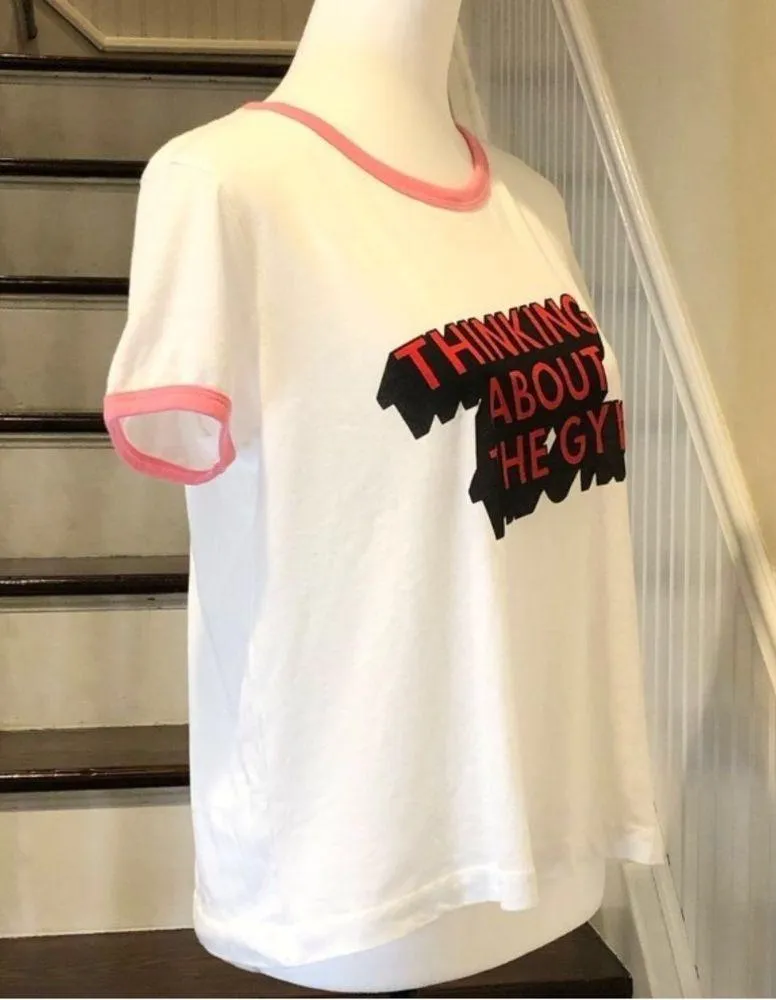 WILD FOX Pink Contrast Trim Thinking About Going To The Gym Slogan Tee Sz MD NWT - Image 4