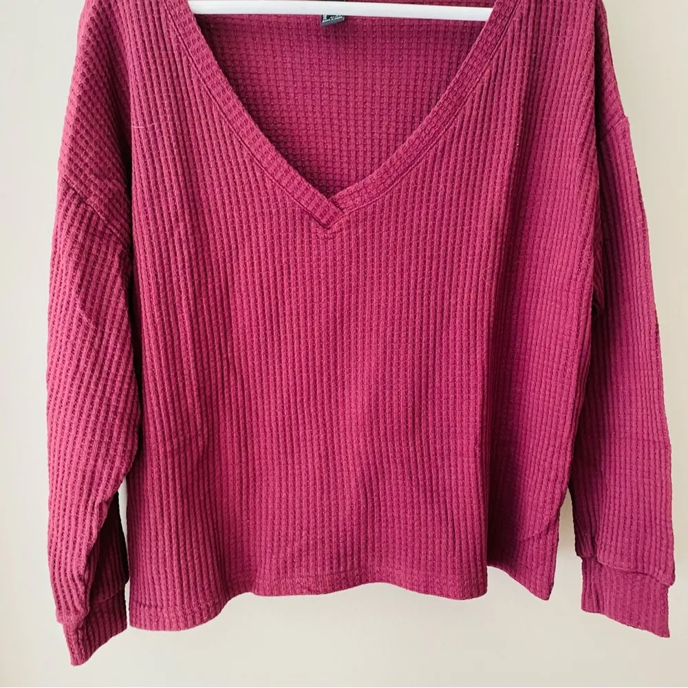 Forever 21 Waffle Knit Long Sleeve Top Maroon Sz Small - Image 3