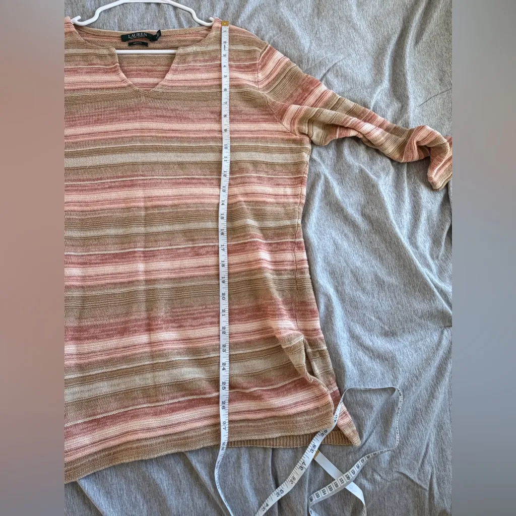 Lauren Ralph Lauren Womens Sweater XL Tan Pink Striped Linen Cotton Capsule - Image 10