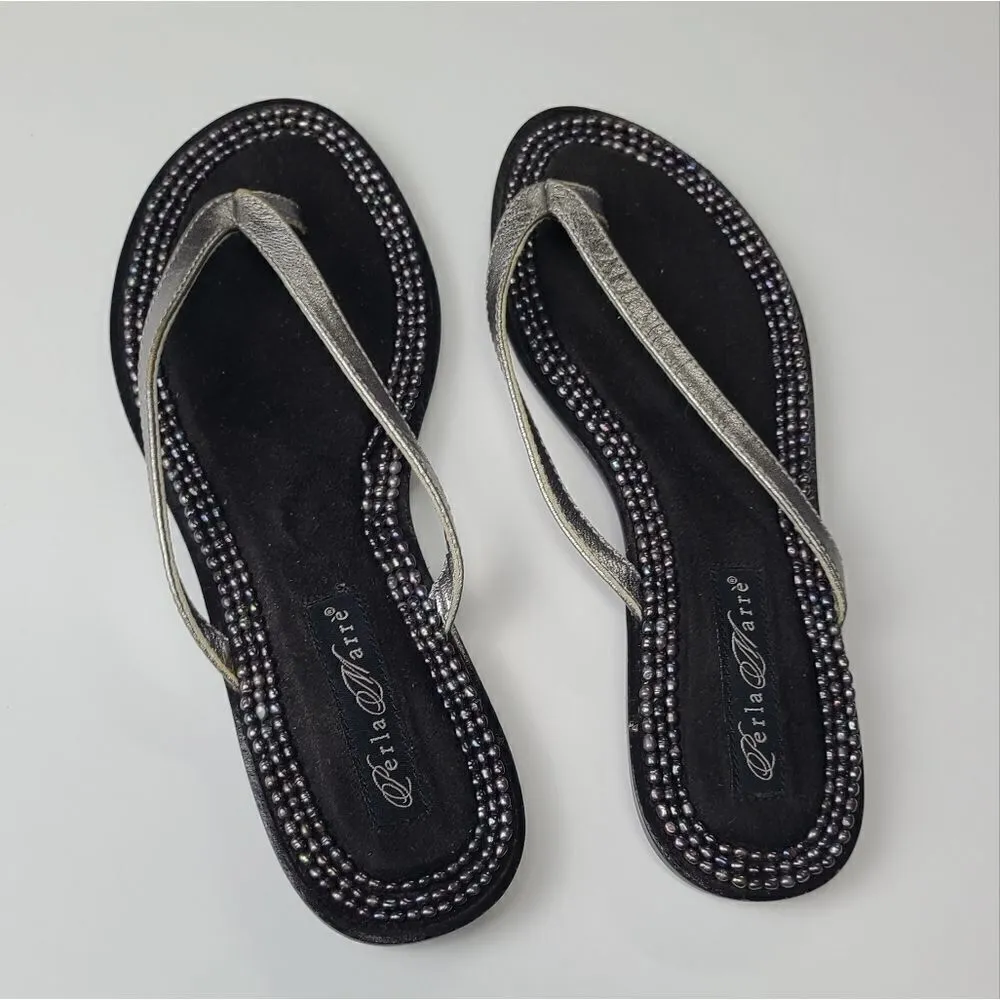 Perla Marre Beaded Black Flip Flops Size 8 Silver - Image 2