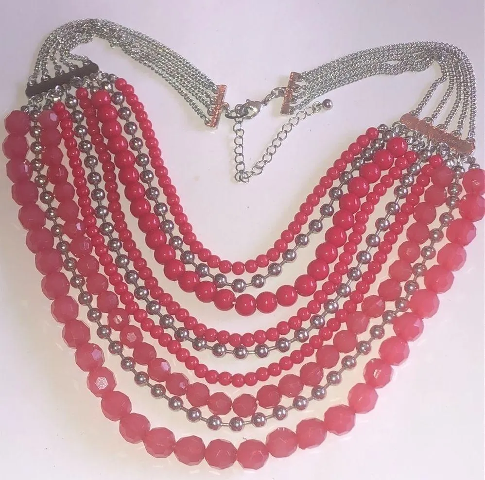 Silver Tone & Pink Multi Strand Beaded Boho Chain Retro Statement Necklace - Image 2