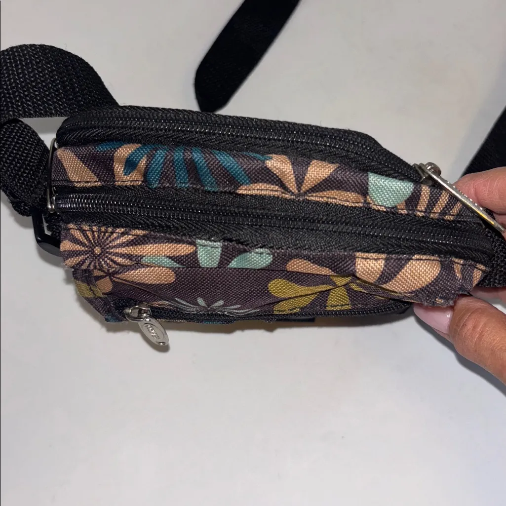 COMPASS CANVAS / NYLON CROSSBODY BAG BROWN GOLD BLUE FLORAL DESIGN MANY POCKETS - Image 7