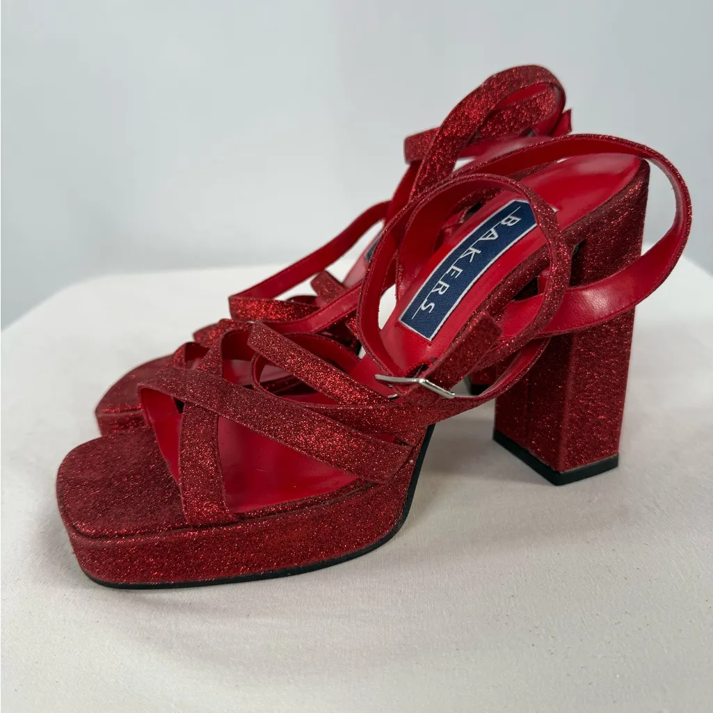 Bakers Glitter Strappy Square Toe Platform Heels‎ in Red Size 7.5 - Image 3