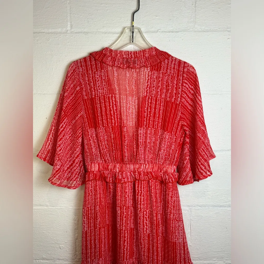 Vici Woman’s Red & White Sheer Vneck Floral Bohemian Twee Mini Dress Size Medium - Image 5