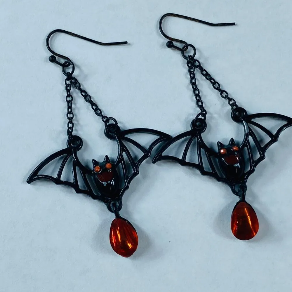 Halloween Bat Earrings Dangle Drop Pierced Hook Bead Accent Whimsical Party Black - Image 9