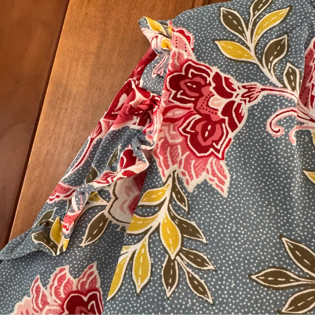 Loft Blouse Top Women’s Petite Small Blue Floral Ruffle V Neck Shirt Girly - Image 3