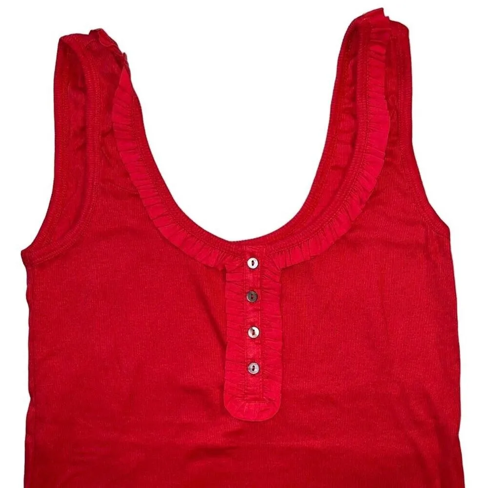 In Style Womens Tank Top Shirt Button Accent Henley Ruffled Scoop Neck Red Large - Image 2