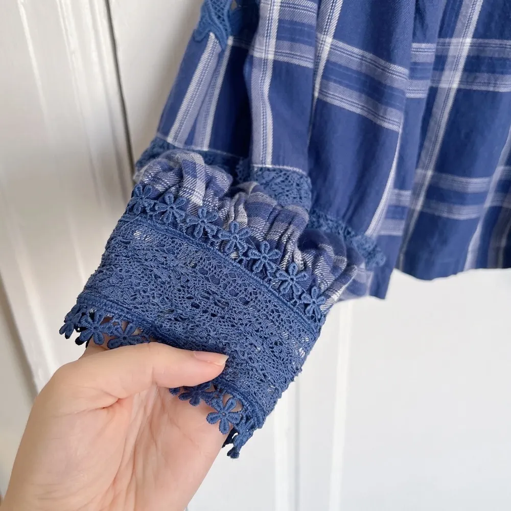 Free People • Darling Diana top blouse blue plaid crochet lace balloon sleeve - Image 7