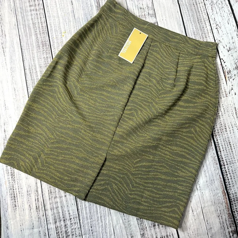MK MICHAEL Michael Kors Army Green Zebra Print Pencil Skirt NWT Small - Image 2