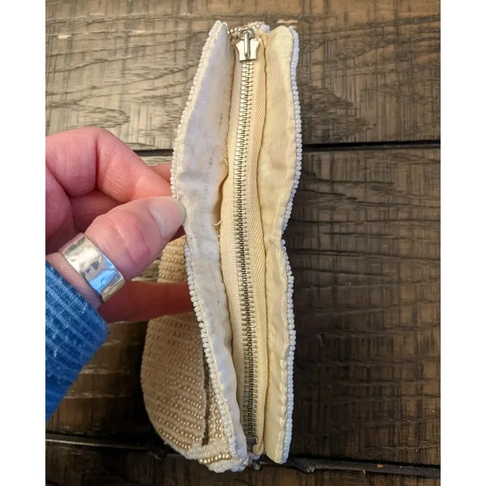 Vtg Beaded Romantic Art Deco Zip Purse Bag Clutch Wallet 7"x4" Belgium Handmade Tan - Image 7