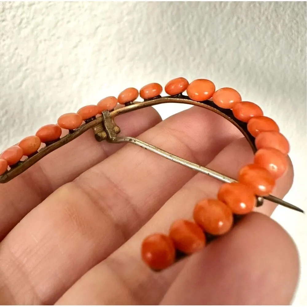 Antique Victorian Coral Crescent Brooch – Natural Salmon Coral Cabochons Orange - Image 6