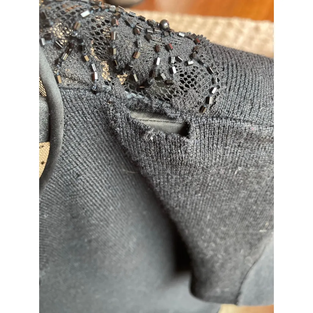 Vintage Black Beaded Lace Maxi Dress Lambswool Old Money Evening Gown Black Tie Size L - Image 7