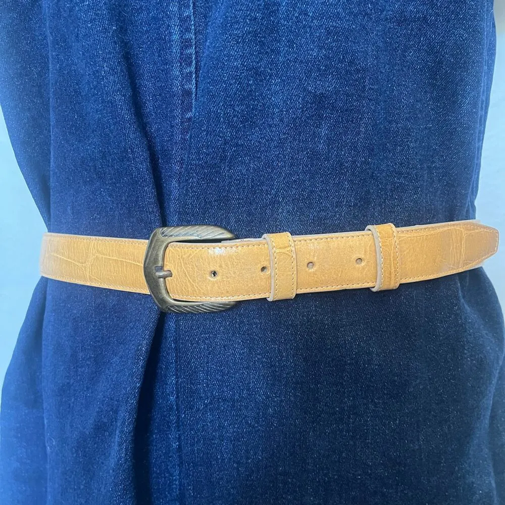 BYBLOS Leather Brass Buckle Womens Belt Sz EU 95 Medium Yellow Italy Adjustable - Image 2
