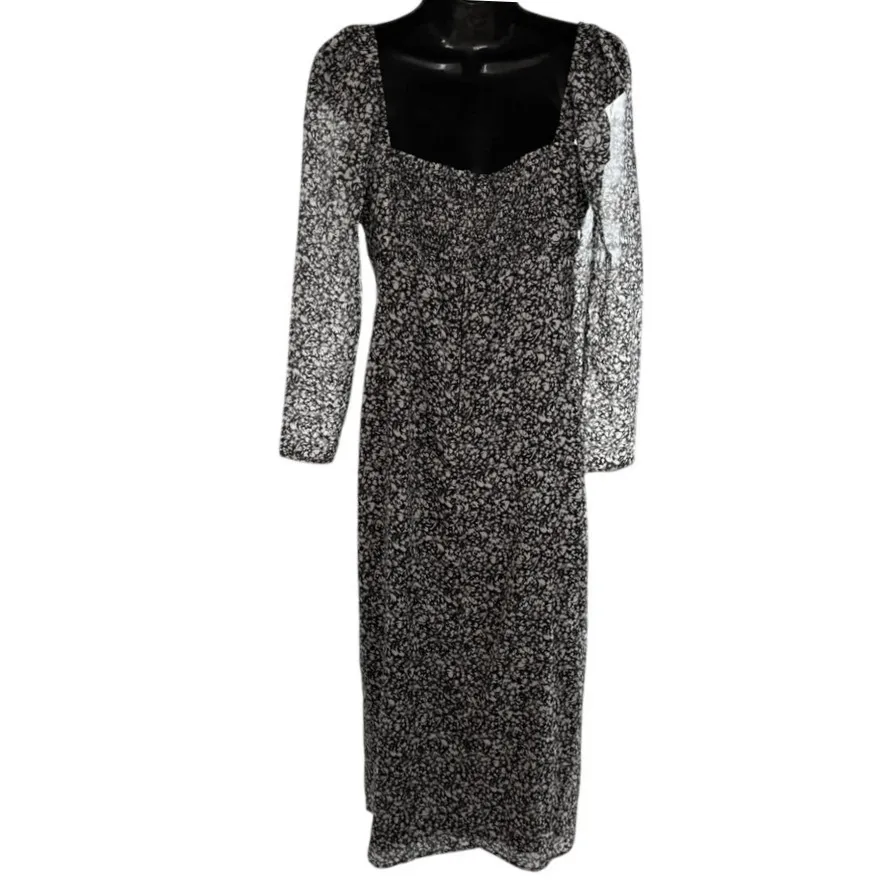 Abercrombie & Fitch Floral Chiffon Midi Dress Sz MP Black Cottagecore Regency - Image 4