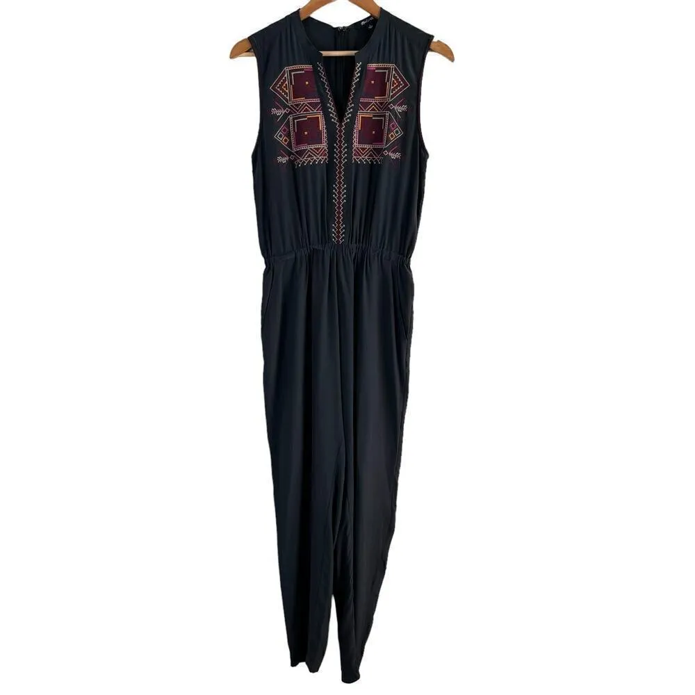 Madewell Embroidered Silk Folkway‎ Jumpsuit in Black Sleeveless Crop Leg, Size 2 - Image 3
