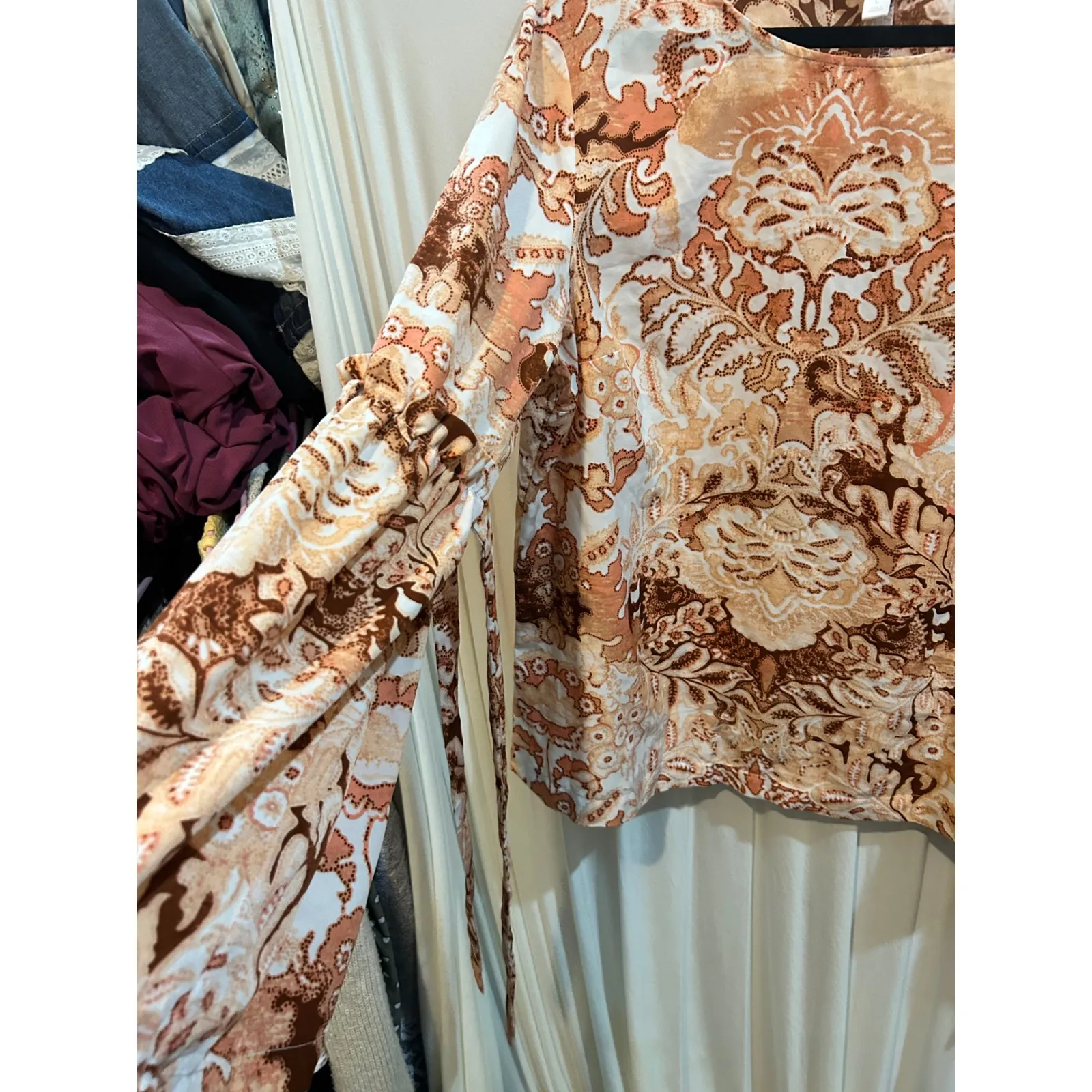 Lauren Conrad Womens‎ Top L Brown Orange Floral Tie Sleeve Long Sleeve Blouse - Image 2