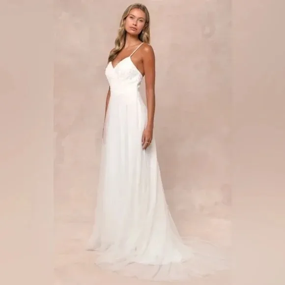 Lulus Love Perfection White Lace Tulle Pearl Beaded Maxi Dress Size M Size M - Image 13