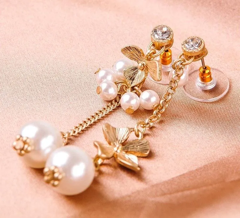 Flower Crystal Pearl Drop Stud Earrings Gold - Image 2