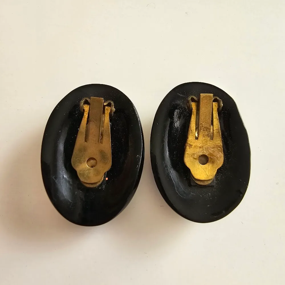 Hand painted Black Wood Aurora Borealis Rhinestone Vintage Statement Earrings Blue - Image 5