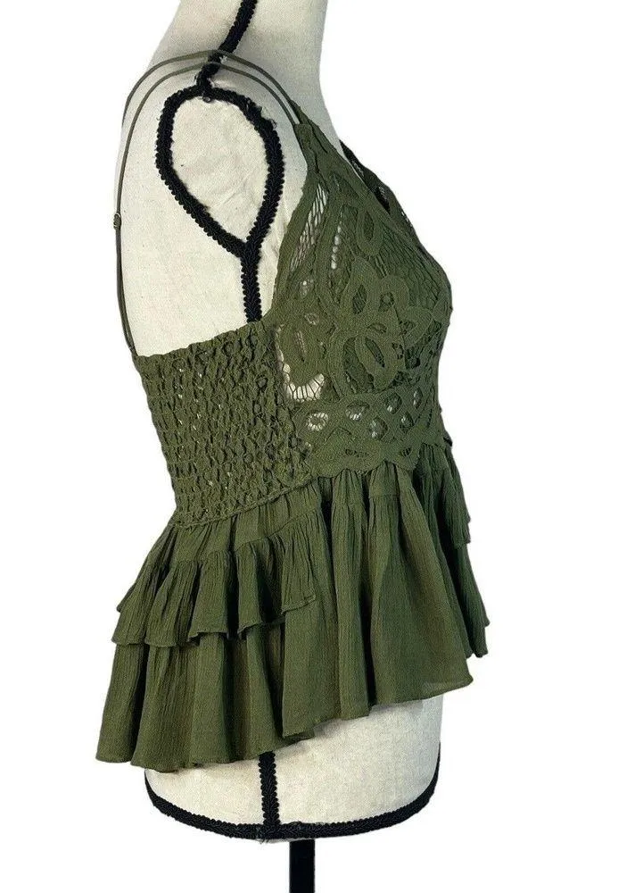 Free People Intimately Medium Adella Cami Top Olive Sparrow Ruffled Crochet Lace - Image 5