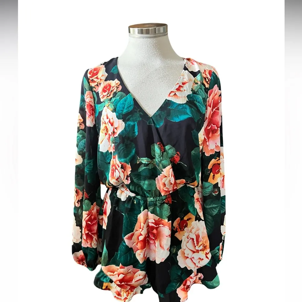 SHOW ME YOUR MUMU Romper Rocky Long Sleeve Floral Rose Black Pink Size Small - Image 2