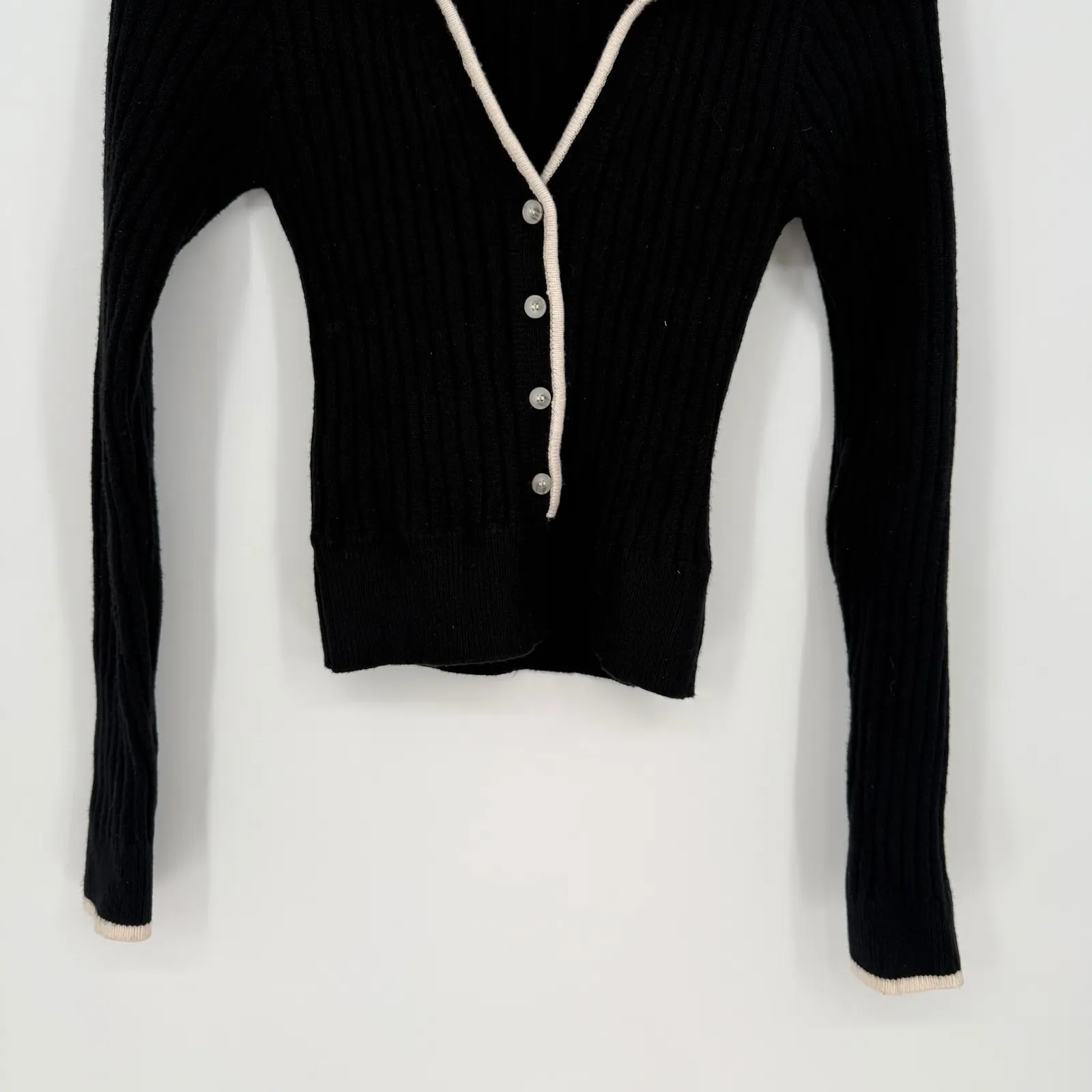 Lulus Black Ribbed Collared Button Up Cardigan Sweater Cream Trim Size M - Image 7