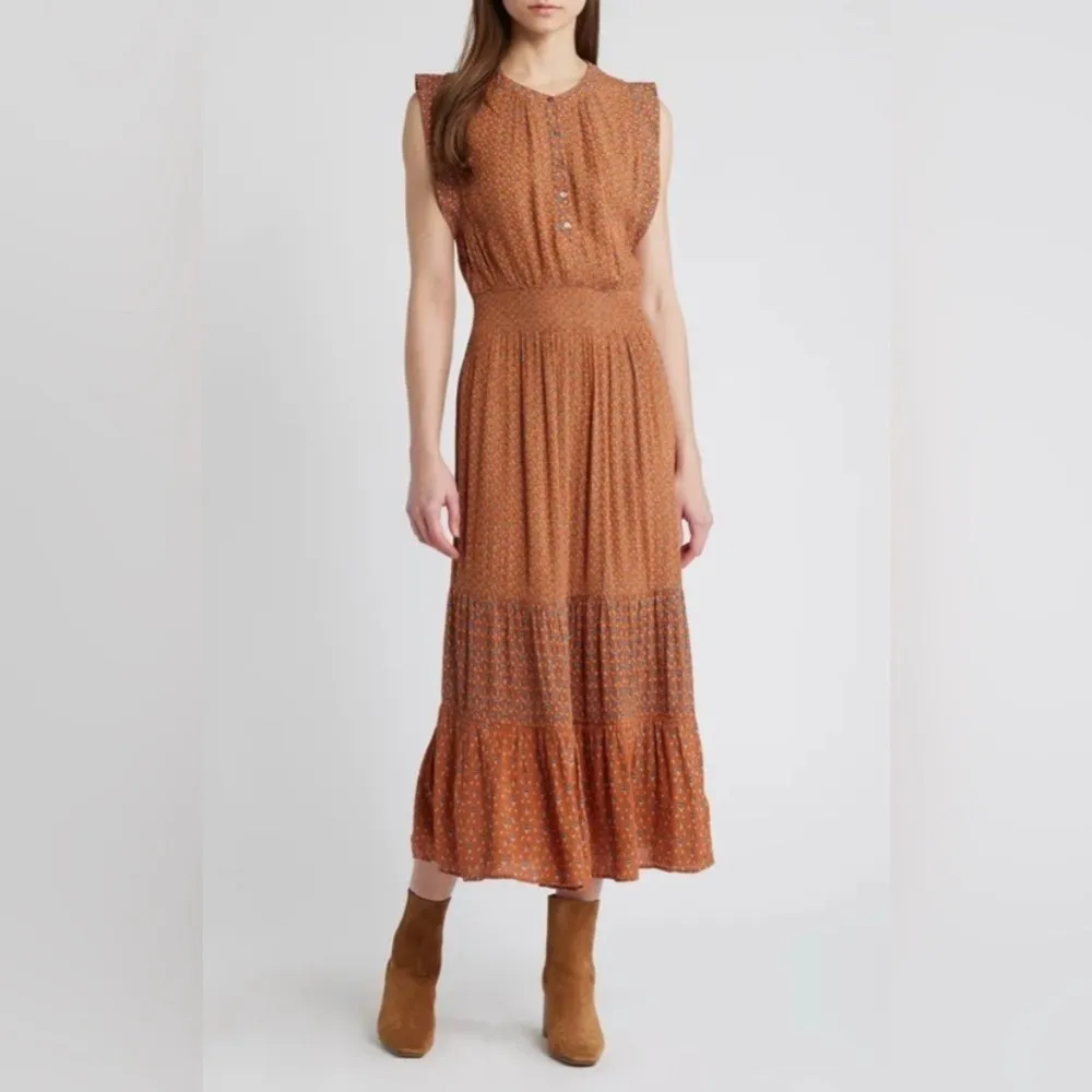 Faherty Woodstock Print Midi Dress in Chestnut Blossom Small V Neck Button Front - Image 4